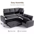 Divano componibile a L Dyonery con funzione letto, divano estraibile a 5 posti in ciniglia con USB e chaise longue contenitore