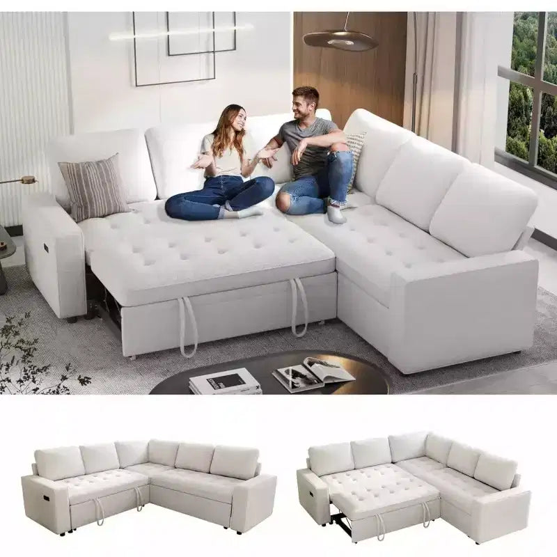 Divano componibile a L Dyonery con funzione letto, divano estraibile a 5 posti in ciniglia con USB e chaise longue contenitore