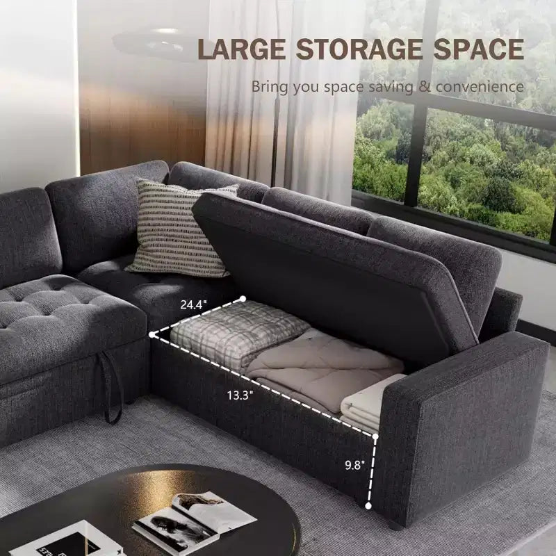 Divano componibile a L Dyonery con funzione letto, divano estraibile a 5 posti in ciniglia con USB e chaise longue contenitore
