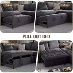 Divano componibile a L Dyonery con funzione letto, divano estraibile a 5 posti in ciniglia con USB e chaise longue contenitore