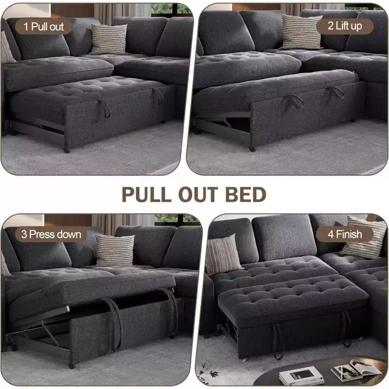 Divano componibile a L Dyonery con funzione letto, divano estraibile a 5 posti in ciniglia con USB e chaise longue contenitore