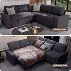 Divano componibile a L Dyonery con funzione letto, divano estraibile a 5 posti in ciniglia con USB e chaise longue contenitore