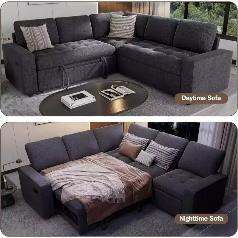 Divano componibile a L Dyonery con funzione letto, divano estraibile a 5 posti in ciniglia con USB e chaise longue contenitore