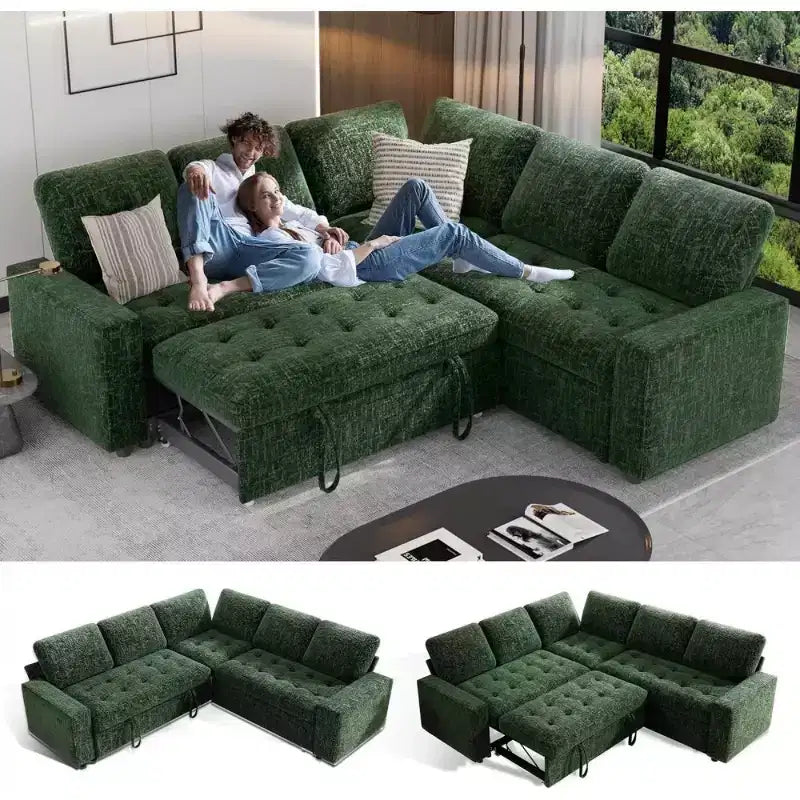 Divano componibile a L Dyonery con funzione letto, divano estraibile a 5 posti in ciniglia con USB e chaise longue contenitore