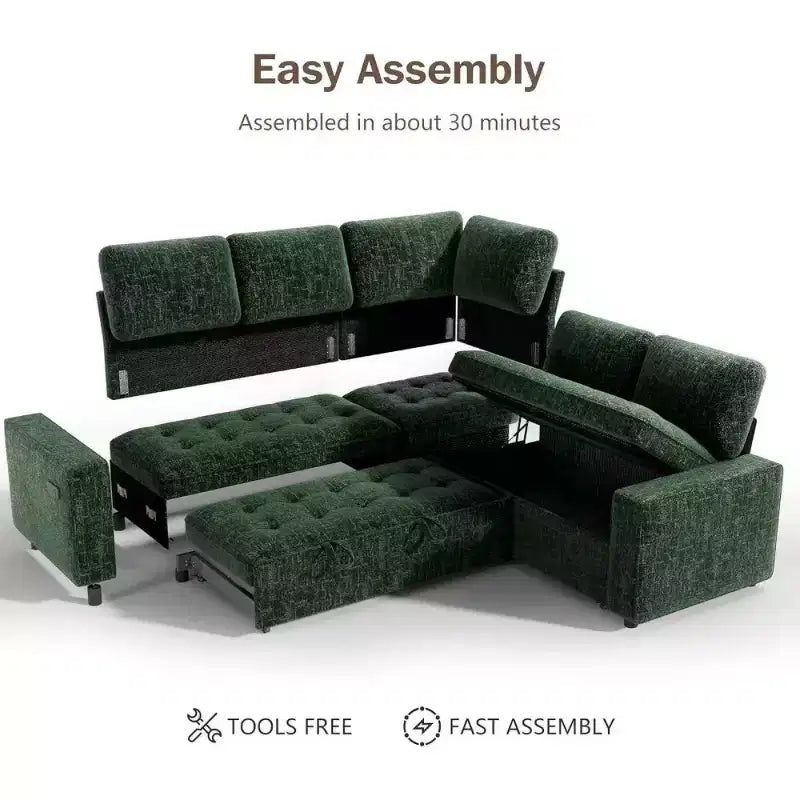 Divano componibile a L Dyonery con funzione letto, divano estraibile a 5 posti in ciniglia con USB e chaise longue contenitore