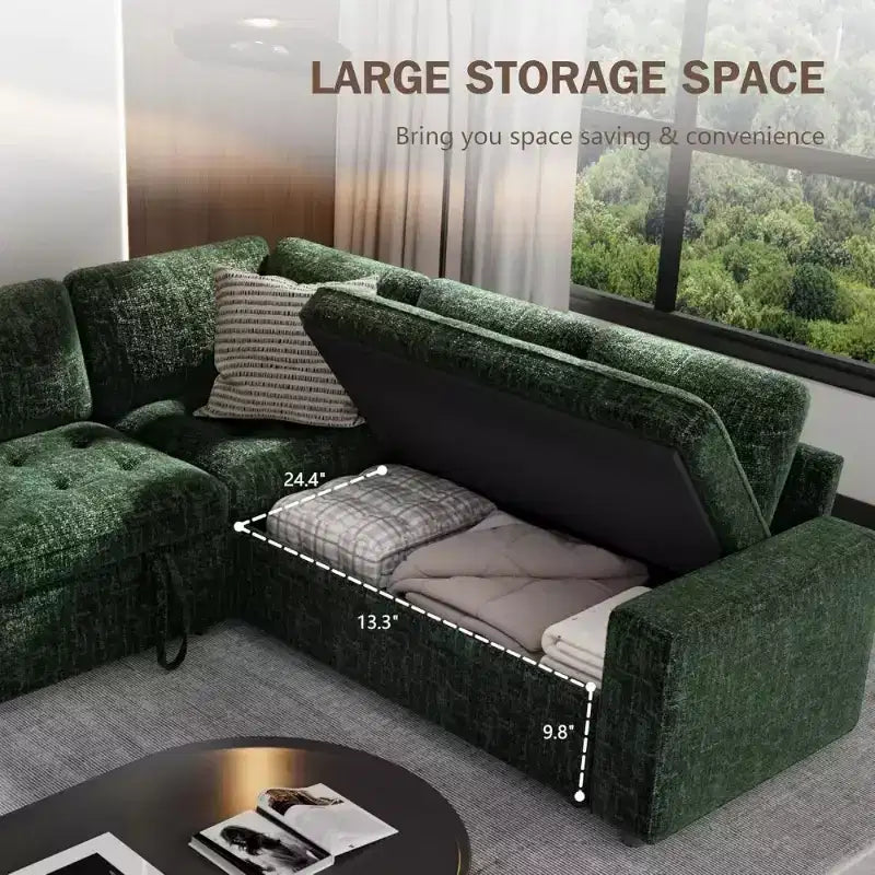 Divano componibile a L Dyonery con funzione letto, divano estraibile a 5 posti in ciniglia con USB e chaise longue contenitore