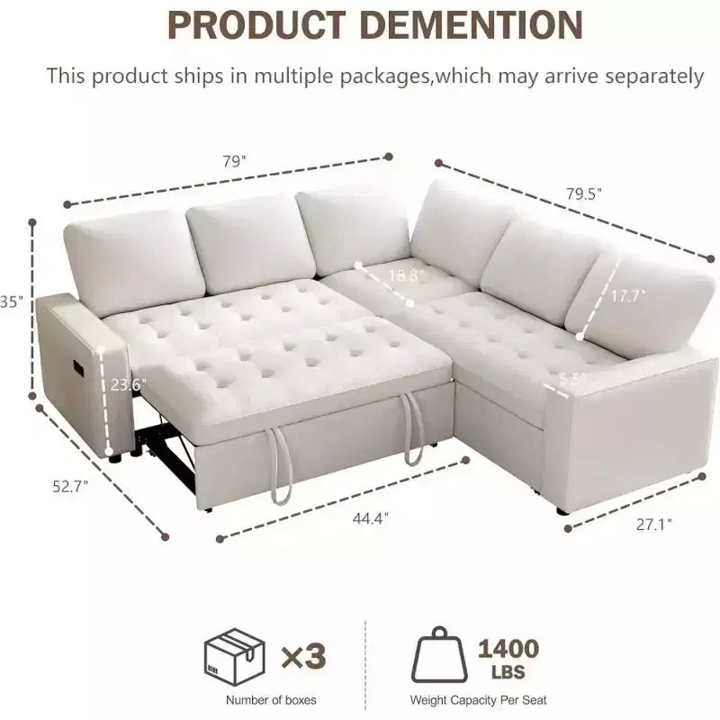 Divano componibile a L Dyonery con funzione letto, divano estraibile a 5 posti in ciniglia con USB e chaise longue contenitore