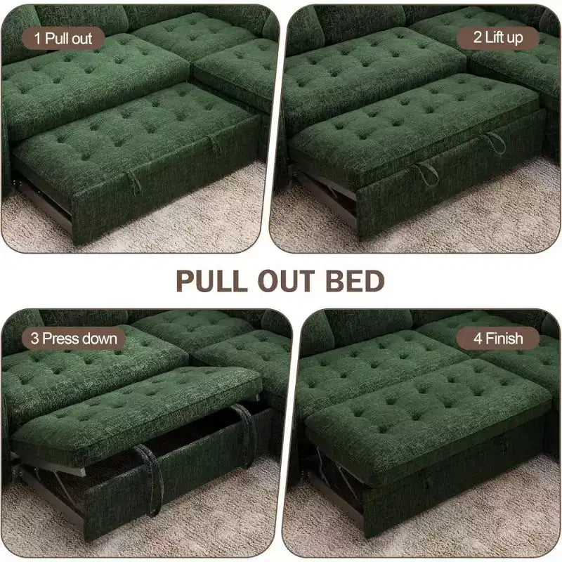 Divano componibile a L Dyonery con funzione letto, divano estraibile a 5 posti in ciniglia con USB e chaise longue contenitore