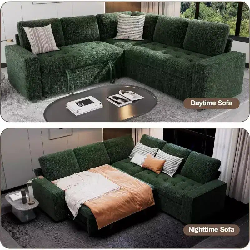 Divano componibile a L Dyonery con funzione letto, divano estraibile a 5 posti in ciniglia con USB e chaise longue contenitore