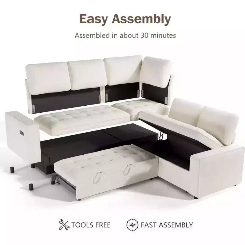 Divano componibile a L Dyonery con funzione letto, divano estraibile a 5 posti in ciniglia con USB e chaise longue contenitore