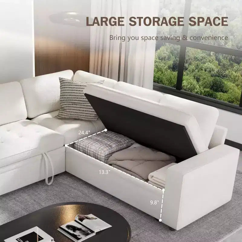 Divano componibile a L Dyonery con funzione letto, divano estraibile a 5 posti in ciniglia con USB e chaise longue contenitore