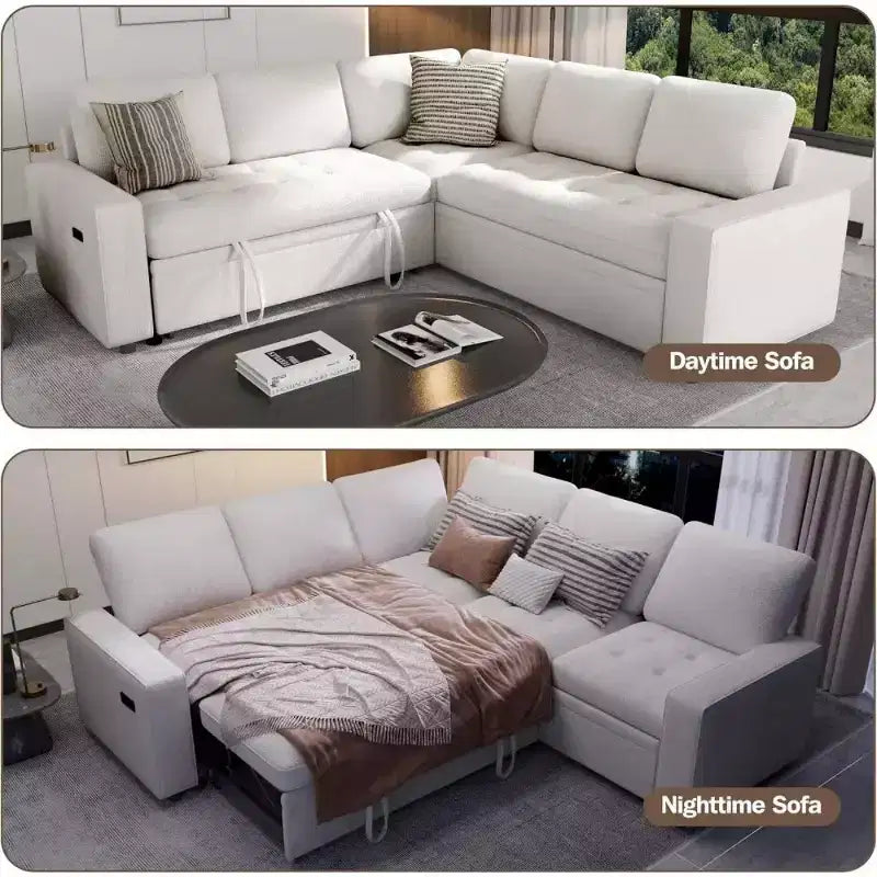 Divano componibile a L Dyonery con funzione letto, divano estraibile a 5 posti in ciniglia con USB e chaise longue contenitore