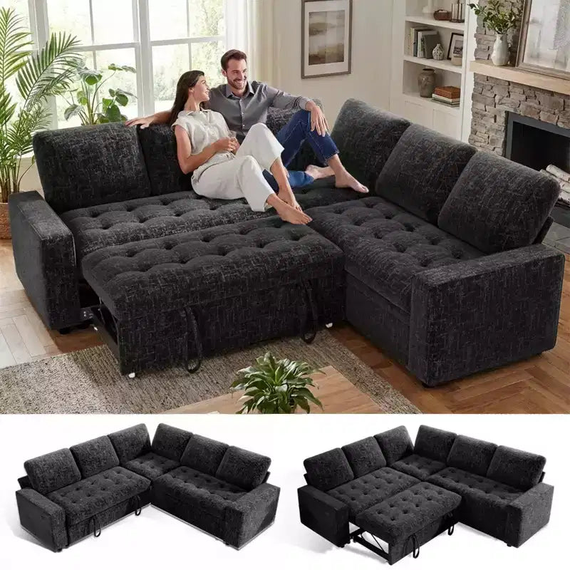 Divano componibile a L Dyonery con funzione letto, divano estraibile a 5 posti in ciniglia con USB e chaise longue contenitore