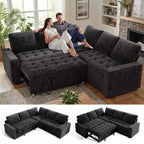 Divano componibile a L Dyonery con funzione letto, divano estraibile a 5 posti in ciniglia con USB e chaise longue contenitore