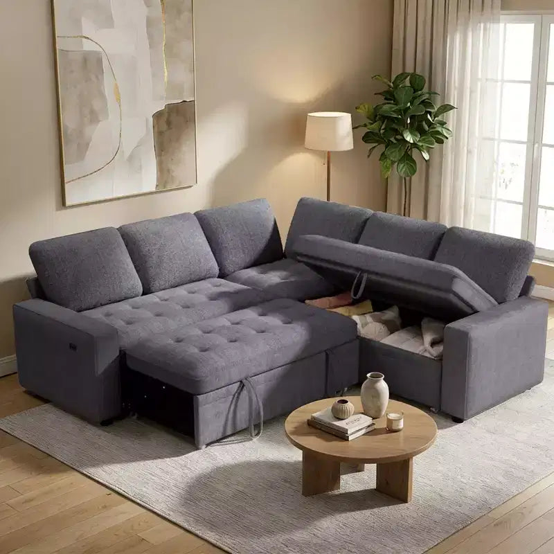 Divano componibile a L Dyonery con funzione letto, divano estraibile a 5 posti in ciniglia con USB e chaise longue contenitore