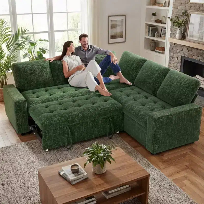 Divano componibile a L Dyonery con funzione letto, divano estraibile a 5 posti in ciniglia con USB e chaise longue contenitore