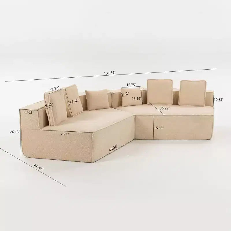 Divano Sezionale Modulare Whisen 132 in Tessuto Peluche Oversize, Divano Moderno Completamente in Schiuma con Sei Cuscini