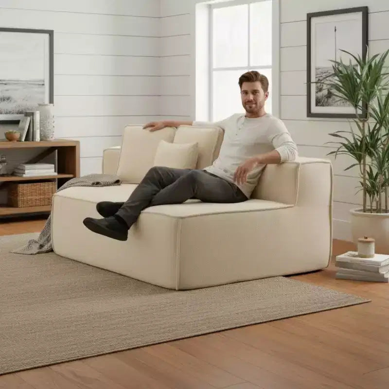 Divano Sezionale Modulare Whisen 132 in Tessuto Peluche Oversize, Divano Moderno Completamente in Schiuma con Sei Cuscini