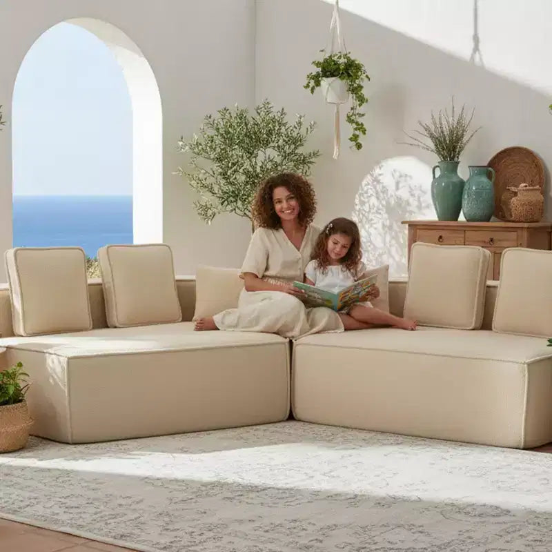 Divano Sezionale Modulare Whisen 132 in Tessuto Peluche Oversize, Divano Moderno Completamente in Schiuma con Sei Cuscini