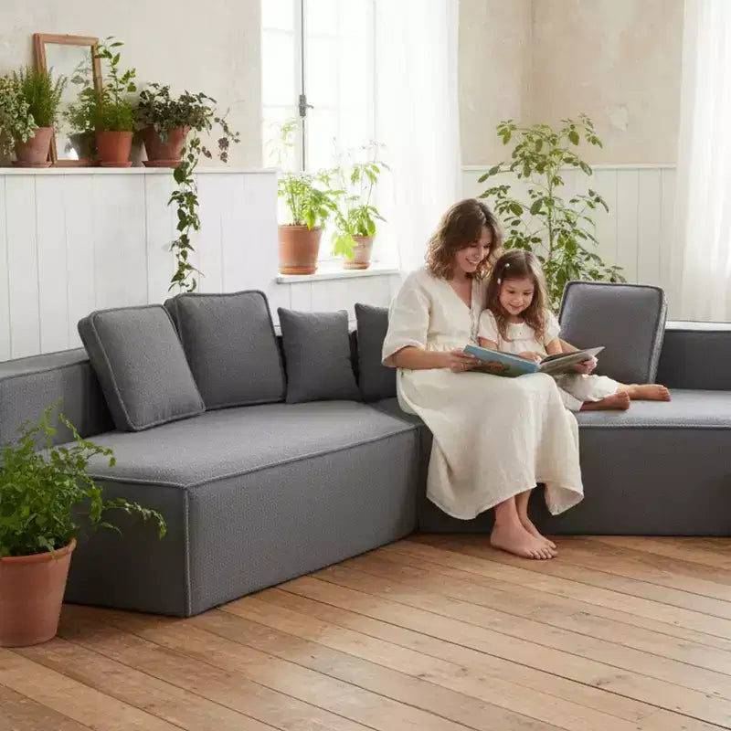 Divano Sezionale Modulare Whisen 132 in Tessuto Peluche Oversize, Divano Moderno Completamente in Schiuma con Sei Cuscini