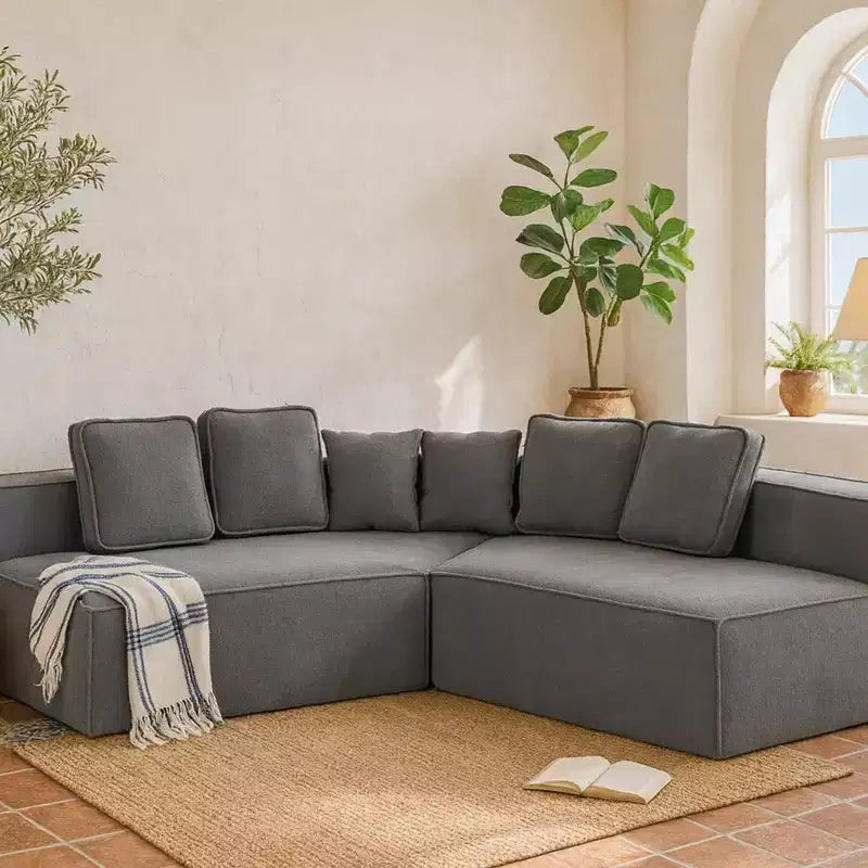 Divano Sezionale Modulare Whisen 132 in Tessuto Peluche Oversize, Divano Moderno Completamente in Schiuma con Sei Cuscini