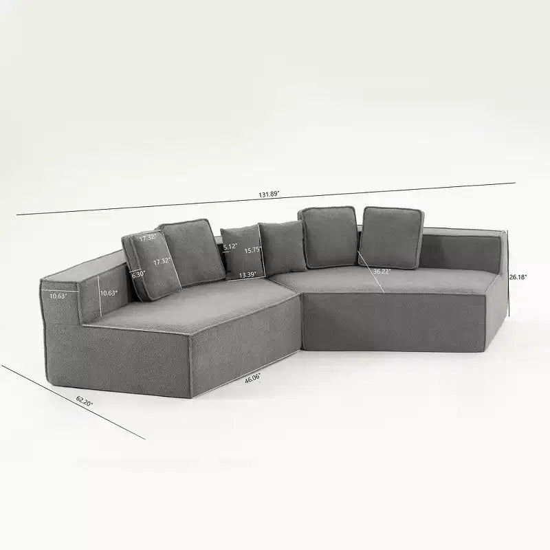 Divano Sezionale Modulare Whisen 132 in Tessuto Peluche Oversize, Divano Moderno Completamente in Schiuma con Sei Cuscini