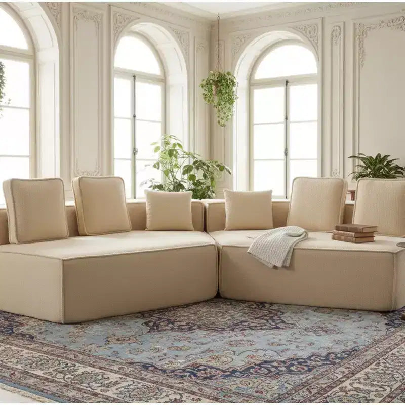 Divano Sezionale Modulare Whisen 132 in Tessuto Peluche Oversize, Divano Moderno Completamente in Schiuma con Sei Cuscini