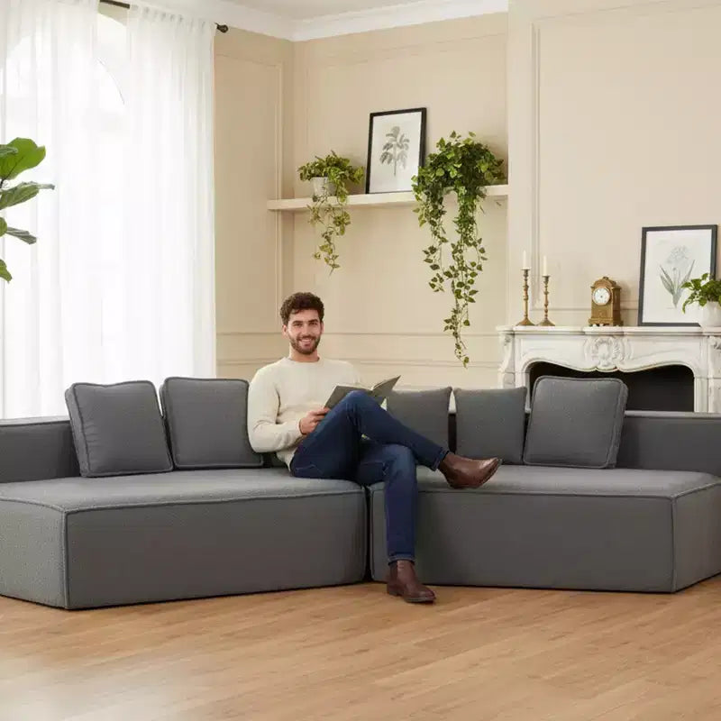 Divano Sezionale Modulare Whisen 132 in Tessuto Peluche Oversize, Divano Moderno Completamente in Schiuma con Sei Cuscini