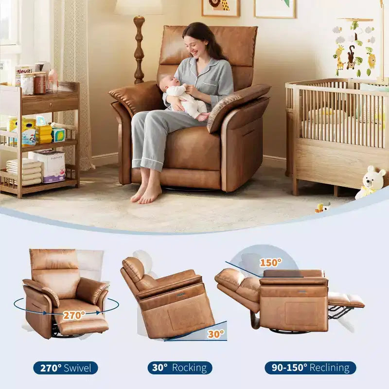 Poltrona Reclinabile, Poltrona a Dondolo Girevole a 360 Gradi per Nursery con Braccioli Imbottiti e Seduta Profonda, Divano Reclinabile Rivestito in Pelle PU