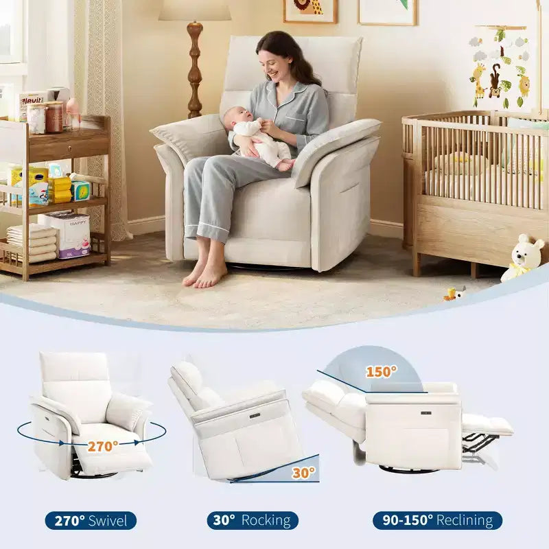 Poltrona Reclinabile, Poltrona a Dondolo Girevole a 360 Gradi per Nursery con Braccioli Imbottiti e Seduta Profonda, Divano Reclinabile Rivestito in Pelle PU