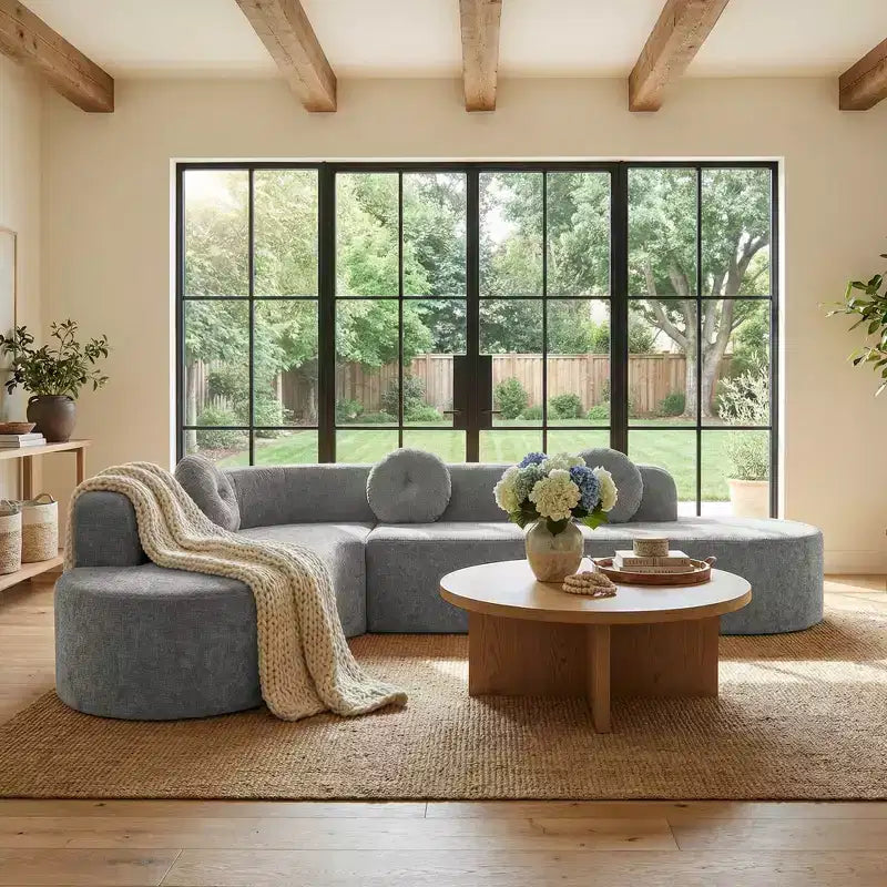 Divano componibile Whisen 122'' Extra Large, Elegante Divano Imbottito in Tessuto con Tre Cuscini Rotondi, Schiuma ad Alta Resilienza