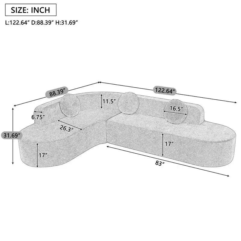 Divano componibile Whisen 122'' Extra Large, Elegante Divano Imbottito in Tessuto con Tre Cuscini Rotondi, Schiuma ad Alta Resilienza
