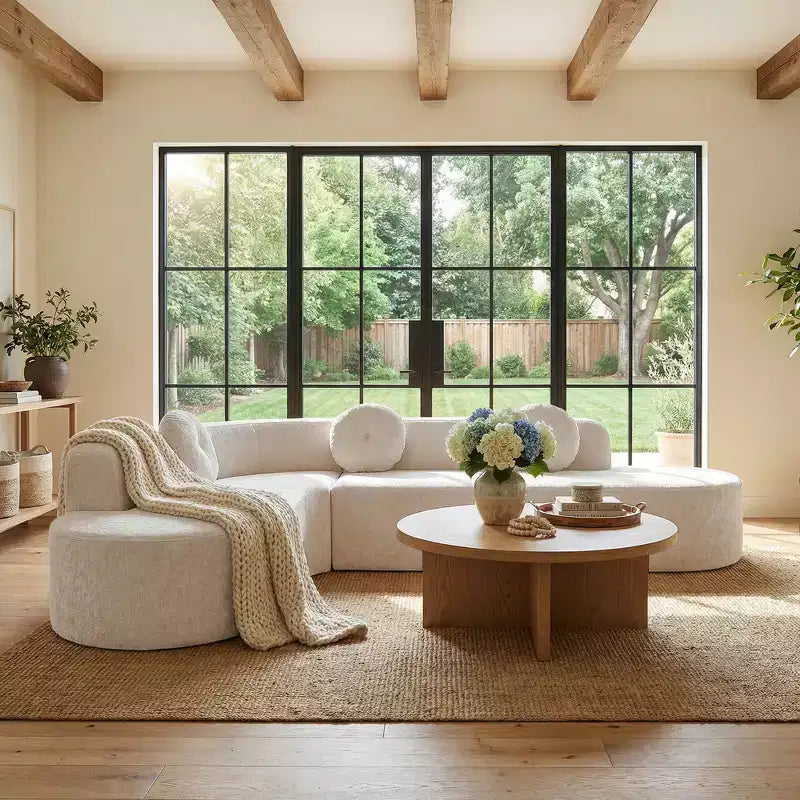 Divano componibile Whisen 122'' Extra Large, Elegante Divano Imbottito in Tessuto con Tre Cuscini Rotondi, Schiuma ad Alta Resilienza