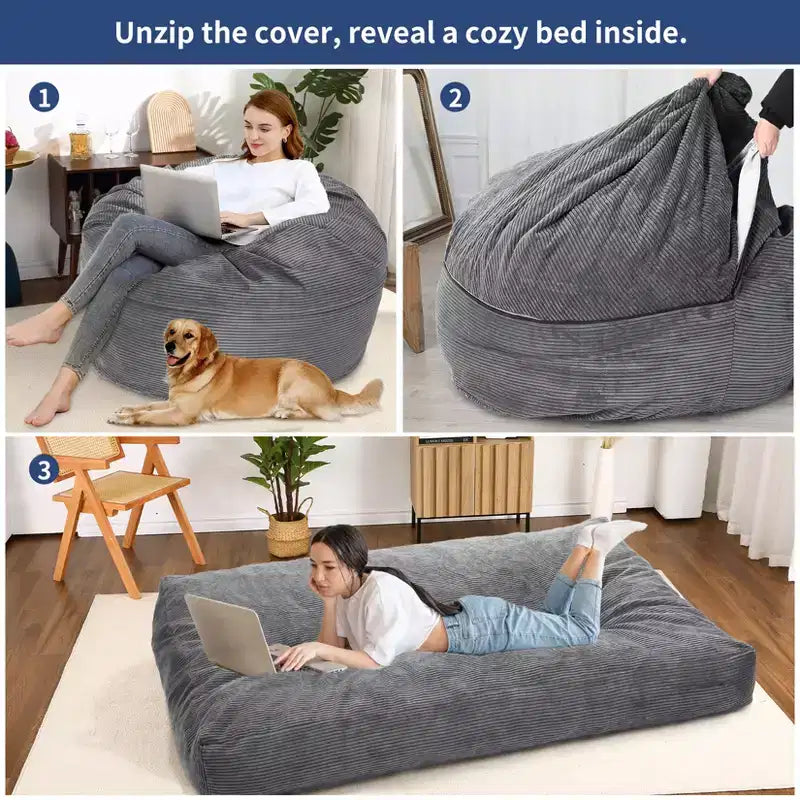 Poltrona Sacco Trasformabile COZONY, Letto e Divano 2 in 1 in Velluto a Coste con Rivestimento Rimovibile