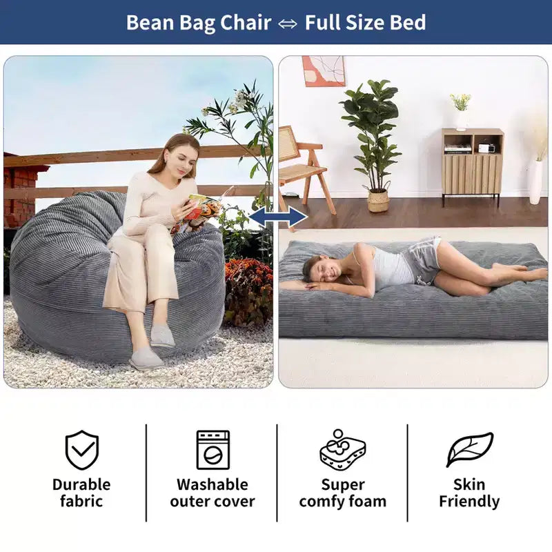 Poltrona Sacco Trasformabile COZONY, Letto e Divano 2 in 1 in Velluto a Coste con Rivestimento Rimovibile