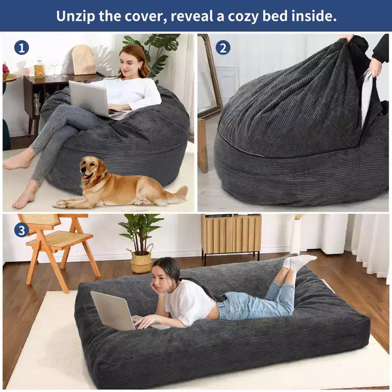 Poltrona Sacco Trasformabile COZONY, Letto e Divano 2 in 1 in Velluto a Coste con Rivestimento Rimovibile
