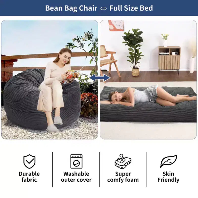Poltrona Sacco Trasformabile COZONY, Letto e Divano 2 in 1 in Velluto a Coste con Rivestimento Rimovibile