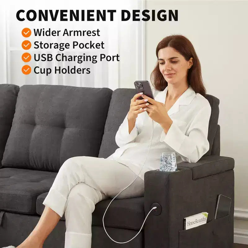 Divano Letto Angolare Trasformabile a L con Divano Estraibile, Chaise Longue Reversibile con Contenitore, Doppio Bracciolo con Contenitore Nascosto, Portabicchieri, Moderno in Morbido Velluto a Coste