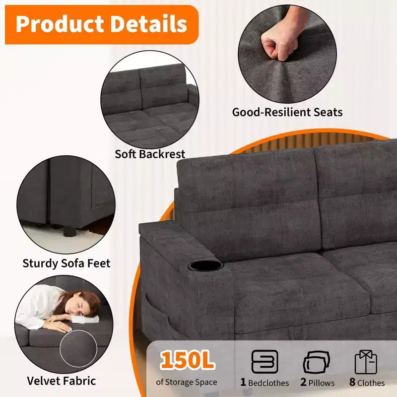 Divano Letto Angolare Trasformabile a L con Divano Estraibile, Chaise Longue Reversibile con Contenitore, Doppio Bracciolo con Contenitore Nascosto, Portabicchieri, Moderno in Morbido Velluto a Coste