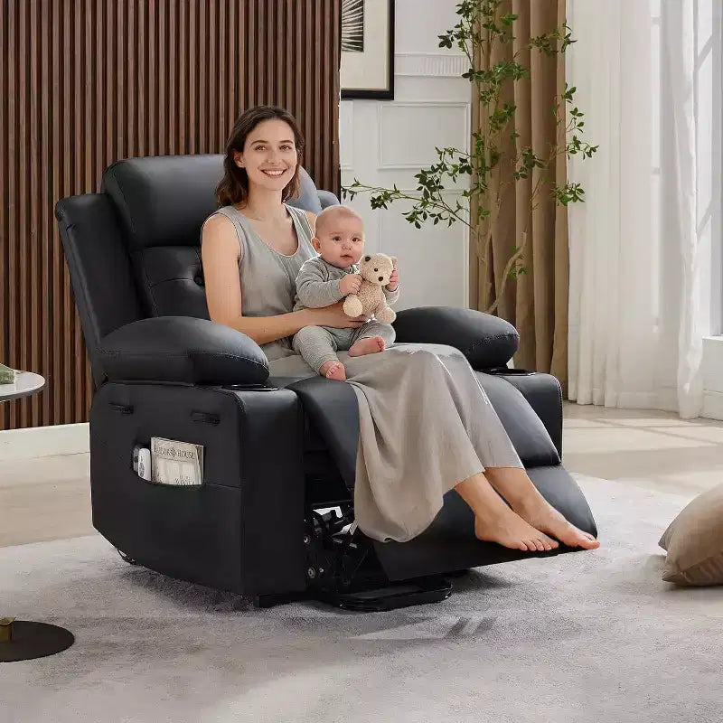 Poltrona reclinabile elettrica oversize per soggiorno, in pelle PU nera, con massaggio a vibrazione e riscaldamento, calore lombare, doppi portabicchieri, tasche laterali