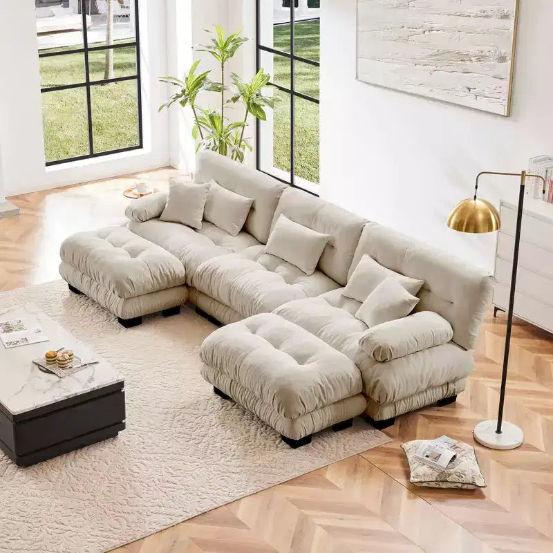MAYEERTY Divano componibile di lusso con 2 pouf, divano a nuvola a forma di U per soggiorno, caffè chiaro