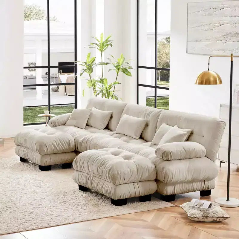MAYEERTY Divano componibile di lusso con 2 pouf, divano a nuvola a forma di U per soggiorno, caffè chiaro