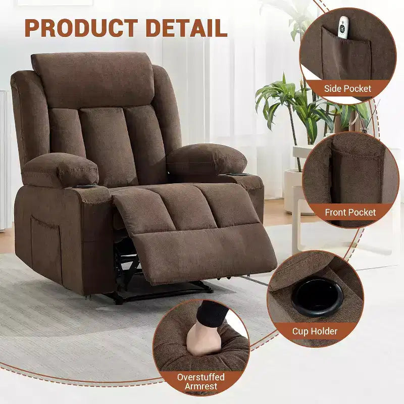 Poltrona Reclinabile Massaggiante Oversize con Calore e Vibrazione, Ampia Poltrona Reclinabile a Dondolo con Tasche Laterali per Soggiorno, Camera da Letto, Home Theater