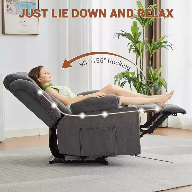 Poltrona Reclinabile Massaggiante Oversize con Calore e Vibrazione, Ampia Poltrona Reclinabile a Dondolo con Tasche Laterali per Soggiorno, Camera da Letto, Home Theater