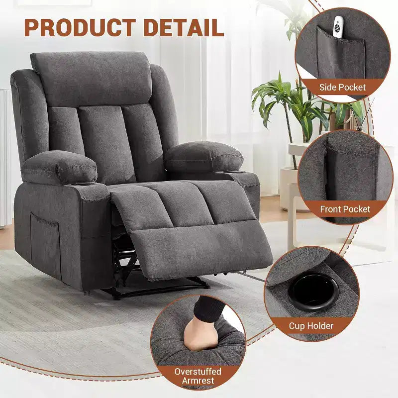 Poltrona Reclinabile Massaggiante Oversize con Calore e Vibrazione, Ampia Poltrona Reclinabile a Dondolo con Tasche Laterali per Soggiorno, Camera da Letto, Home Theater
