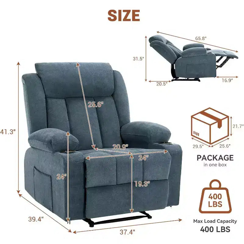 Poltrona Reclinabile Massaggiante Oversize con Calore e Vibrazione, Ampia Poltrona Reclinabile a Dondolo con Tasche Laterali per Soggiorno, Camera da Letto, Home Theater