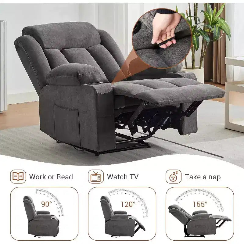 Poltrona Reclinabile Massaggiante Oversize con Calore e Vibrazione, Ampia Poltrona Reclinabile a Dondolo con Tasche Laterali per Soggiorno, Camera da Letto, Home Theater