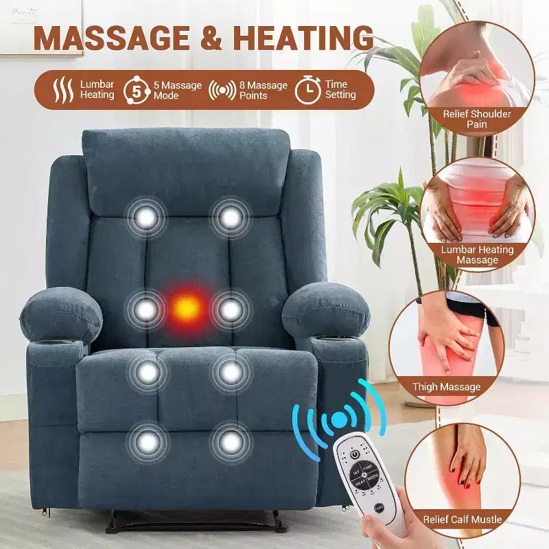Poltrona Reclinabile Massaggiante Oversize con Calore e Vibrazione, Ampia Poltrona Reclinabile a Dondolo con Tasche Laterali per Soggiorno, Camera da Letto, Home Theater