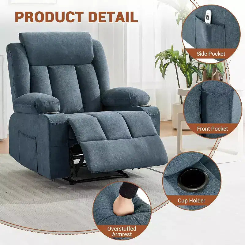 Poltrona Reclinabile Massaggiante Oversize con Calore e Vibrazione, Ampia Poltrona Reclinabile a Dondolo con Tasche Laterali per Soggiorno, Camera da Letto, Home Theater