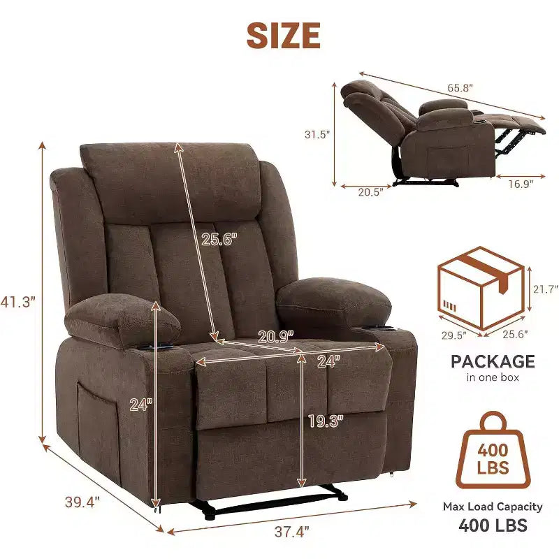 Poltrona Reclinabile Massaggiante Oversize con Calore e Vibrazione, Ampia Poltrona Reclinabile a Dondolo con Tasche Laterali per Soggiorno, Camera da Letto, Home Theater